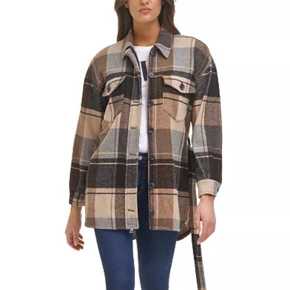 Levi's Plaid Brown Gray Belted Shirt Jacket Button Up Womens Medium Wool Blend - Picture 3 of 15